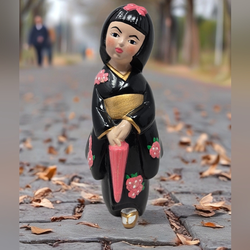 Japenese Girl On Walk With Her Umbrella Figurine Pottery Black Kimono With Pink